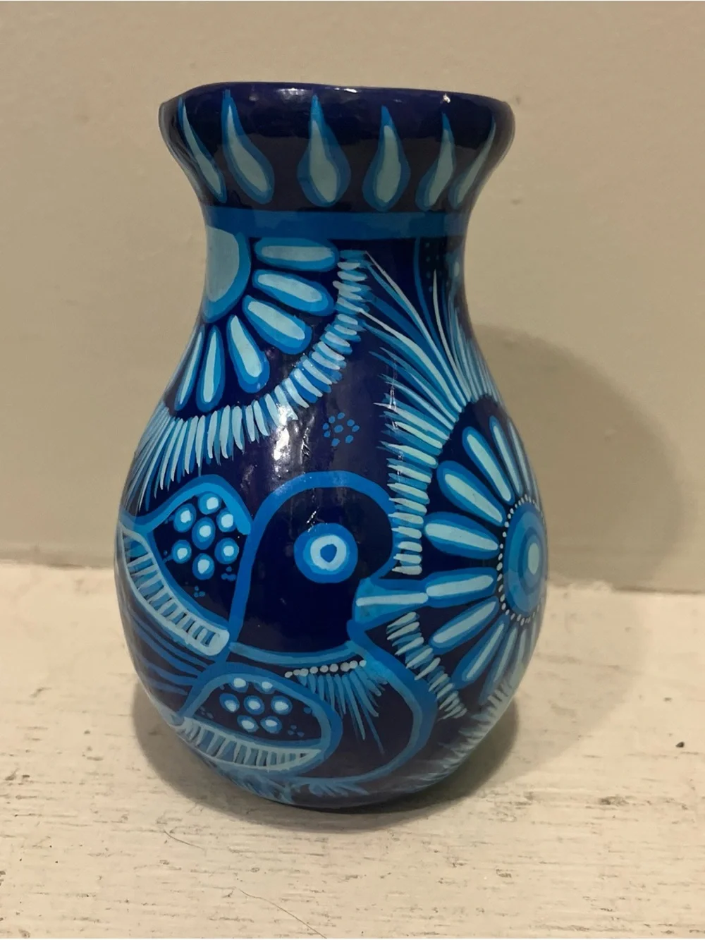 Mexican Hand-Painted Folk Art Red Clay Blue Floral Bud Vase 5”